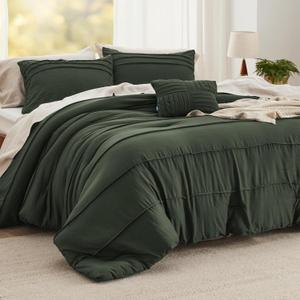 Bedsure Queen Comforter Set - 4 Pieces Pinch Pleat Bed Set, Olive Green Boho Bedding for All Season, 1 Soft Comforter, 2 Pillowcases, 1 Decorative Pillow