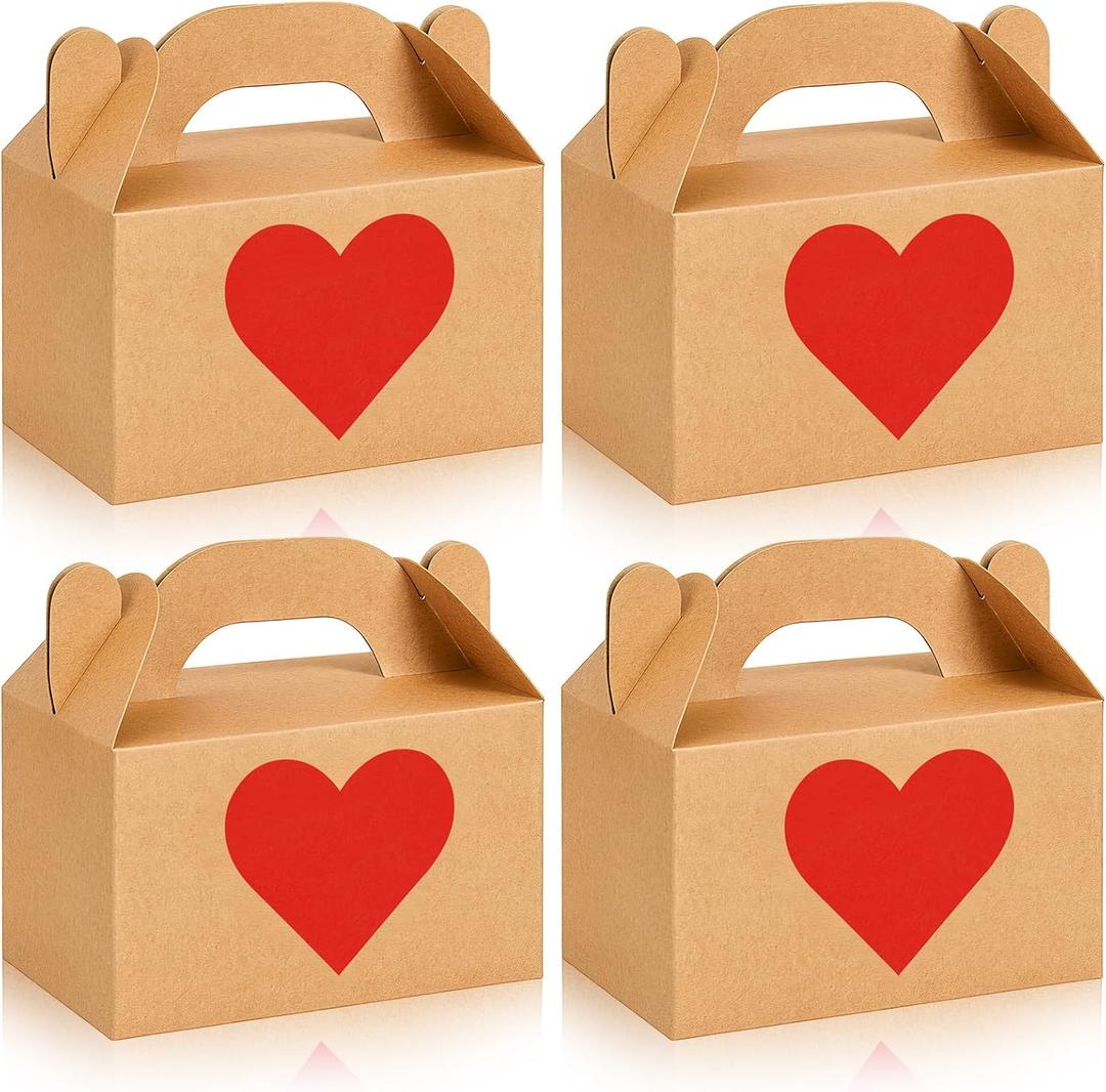 Colarr 24 Pcs Valentine Day Gift Treat Boxes Hearts Prints Galentine Cookie Boxes with Handles 5.9 x 3.5 x 3.5 Inches Goodie Candy Container Kraft Paper Party Favor Holder for Mother's Day Supplies