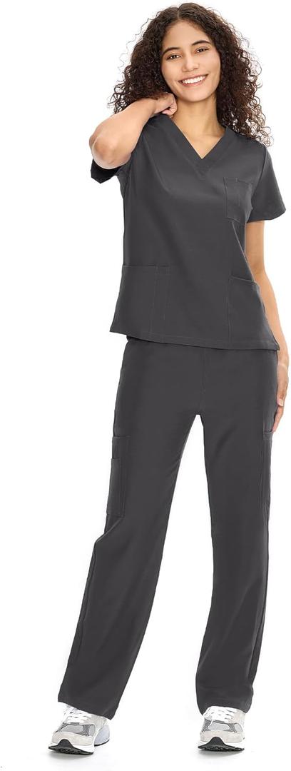 COZYFIT Scrubs for Women Set Medical Uniform - V-Neck Top & Straight Leg Pants with 9 Pockets, Unisex Workwear (XX-Large, Dark Grey)