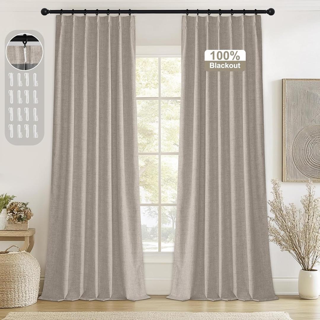 StangH Full Blackout Pinch Pleated Curtains for Bedroom, Beige Linen Curtains 84 inch Length 2 Panels Solid Energy Efficient Thermal Window Drapes for Sliding Door Track System, W40 x L84