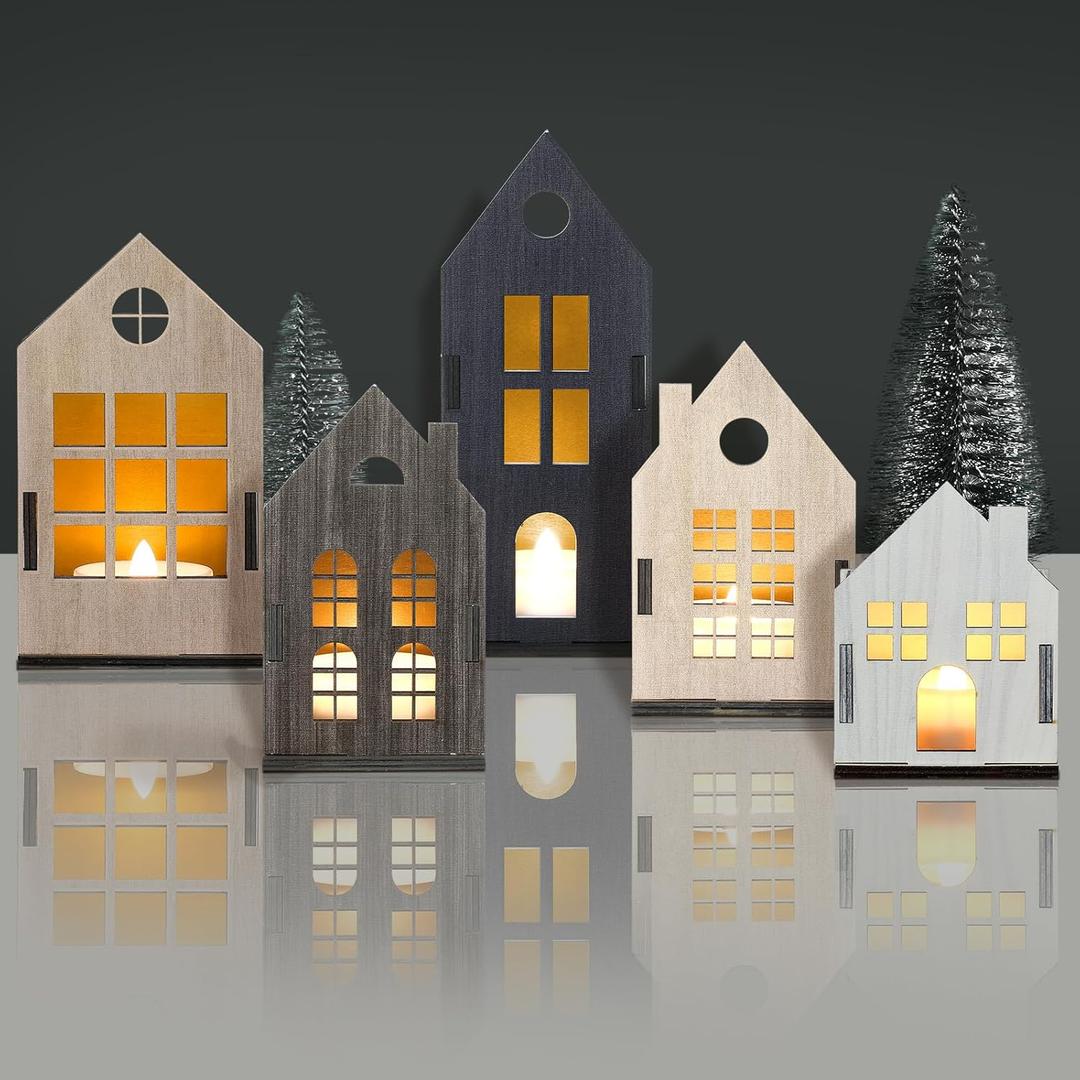 Syhood 8 Pcs Christmas Village Set, 5 LED Lighted Wooden Houses and 3 Frosted Trees Christmas Decorations Indoor Scenes Farmhouse Rustic Decor for Tabletop Mantel Xmas Holiday Decor