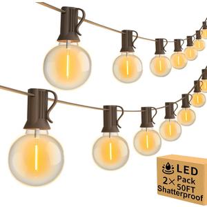 100ft 2-Pack Outdoor String Lights,Dimmable G40 LED String Lights with 52 Shatterproof Clear Bulbs UL Approval Waterproof Globe 1W 2700K Outdoor Lighting for Backyard Porch Cafe Party Wedding Garden (Brown Wire)