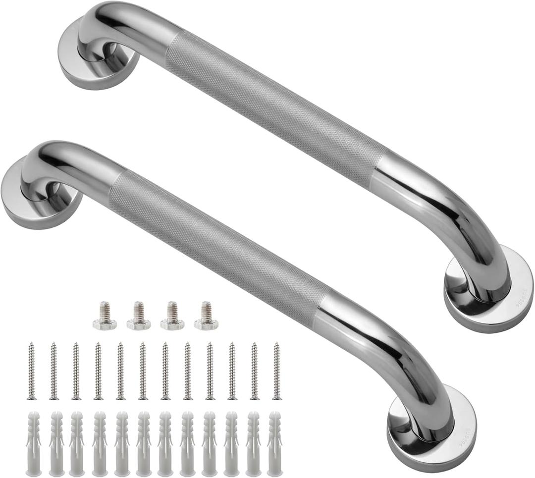Shower Grab Bar, 2 Pack 12 Inch Bathroom Grab Bar, 1.25" Diameter 304 Stainless Steel Anti-Slip Grab Bars for Bathtubs and Showers, Handicap Shower Grab Bar for Seniors Elderly (Silver)