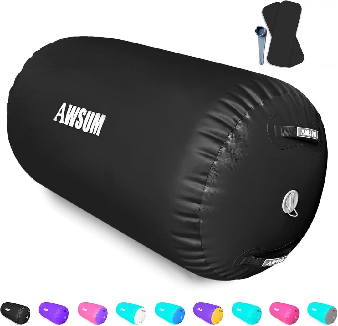 AWSUM Air Roller Gymnastics Barrel Inflatable Tumbling Mat Back Handspring Trainer for Octagon Mat Gym Home Gymnastics Equipment 1PCSNo Electric Pump ((L)39.4"x(Diam)23.6"-No pump, Black)