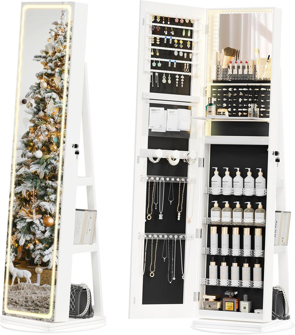 Jewelry Cabinet Standing, Lockable Armoire With Adjustable Lights and Full-Length Mirror, Space-Saving Organizer, 360Swivel White