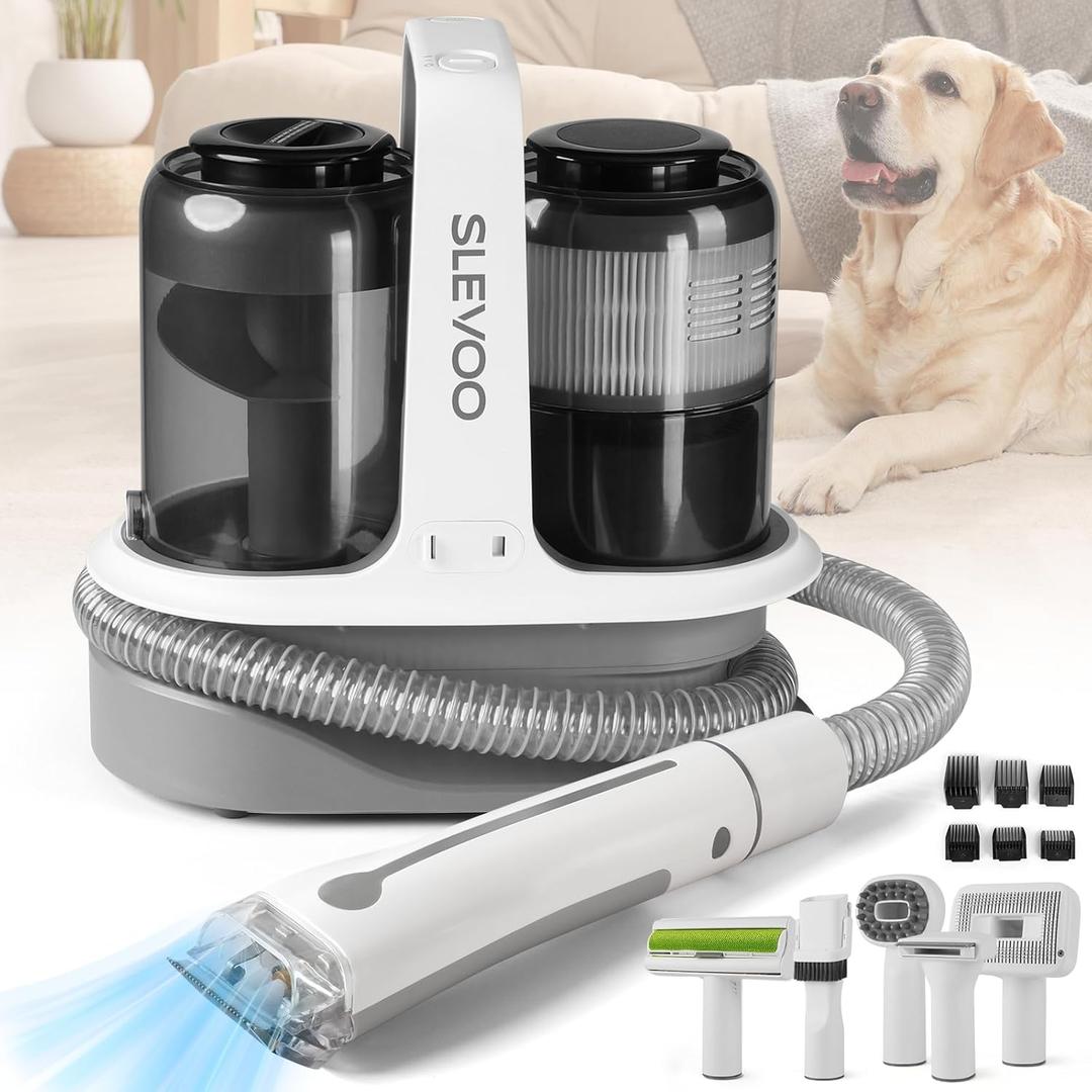 Slevoo Pet Grooming Kit - HEPA Filter Vacuum with 6 Pet Grooming Tools for Dog Hair Trimming, Brushing, Shedding, 1.5L Dust Cup, Low Noise Cat and Dog Hair Vacuum Groomer (Gray)