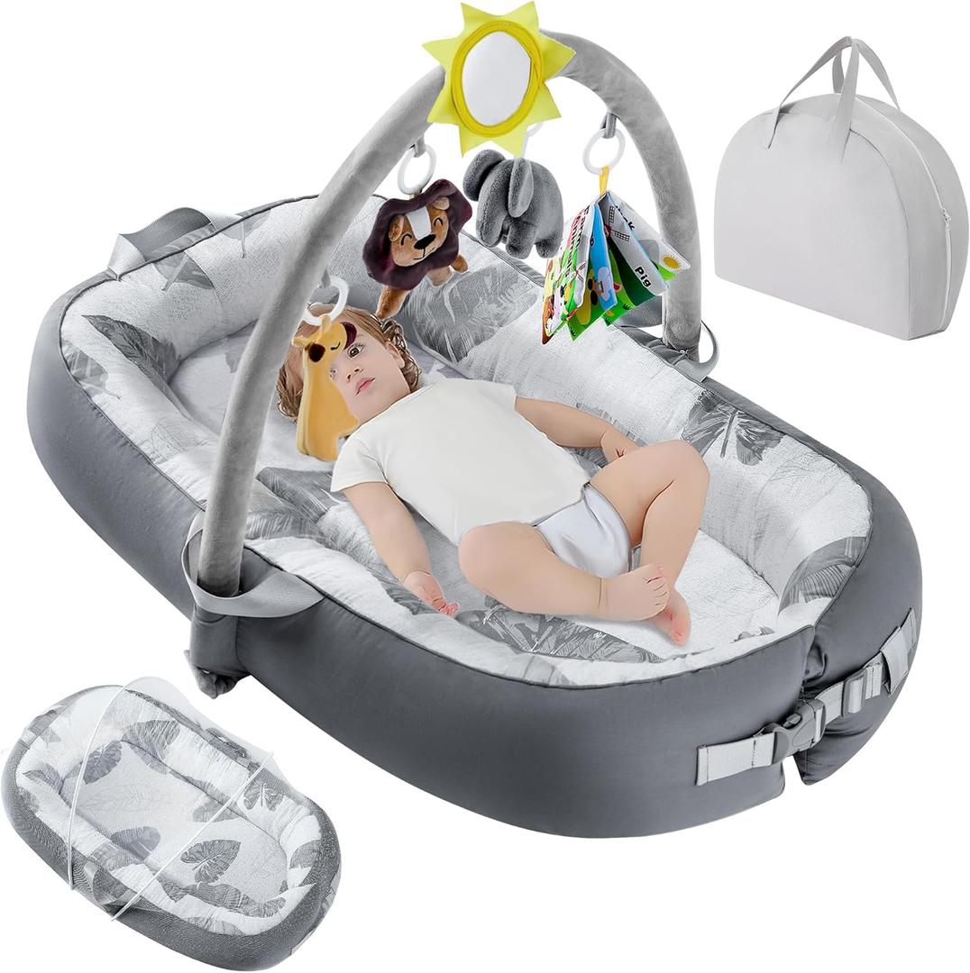 Portable Baby Lounger for Travel,Breathable & Comfortable 100% Cotton Infant Lounger, Baby Nest 0-24 Months Machine-Washable Newborn Lounger,Newborn Essentials (Gray, Baby Lounger with Toys) (Grey)