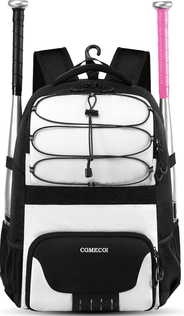 COMECOI Softball Bag, Lightweight Baseball Backpack with Shoes Compartment, Baseball Bat Bags with Fence Hook for TBall Bat & Equipment, for Batting Mitten, Helmet, for Girls, Boys, Youth, Adults (White & Black)