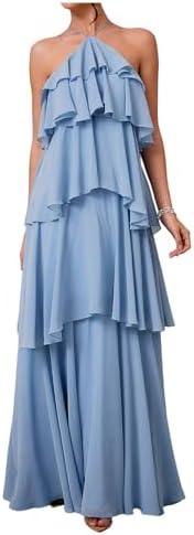 SOLY HUX Women's Sundresses Ruffle Layered Halter Flowy Maxi Dress Elegant Wedding Guest Dresses, Large 