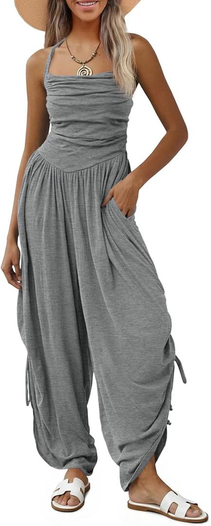 Fisoew Womens Casual Jumpsuits Summer Halter Straps Sleeveless Overalls Ruched Barrel Wide Leg Side-Cinch Long Pant Rompers, Medium