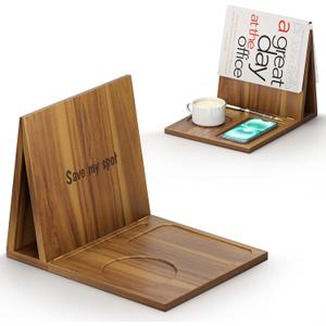 Triangle Book Holder, Book Rest, Acacia Foldable Book Nook Reading Valet, Triangle Book Stand with Cup, Pen, Glasses and Phone Holder for Bedroom, Nightstand or Office, Gifts for Book Lover