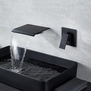 DASAN Wall Mount Waterfall Bathroom Faucet Matte Black in Wall Sink Faucet, Single Handle Wall Mounted Modern Faucet for Bathroom with Upgraded Rough in Valve