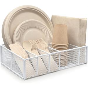 Metal Paper Plate Holder - Utensil Silverware Caddy for Kitchen Counter Cabinet Cutlery Flatware Organizer Storage Dispenser Box for Plastic Spoon Fork Plates Napkins Cup Party Camping White