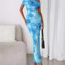 BTFBM Cocktail Dresses for Women 2026 Elegant Classy Off Shoulder Bodycon Mesh Slit Floral Maxi Spring Summer Dress (Blue, XL)