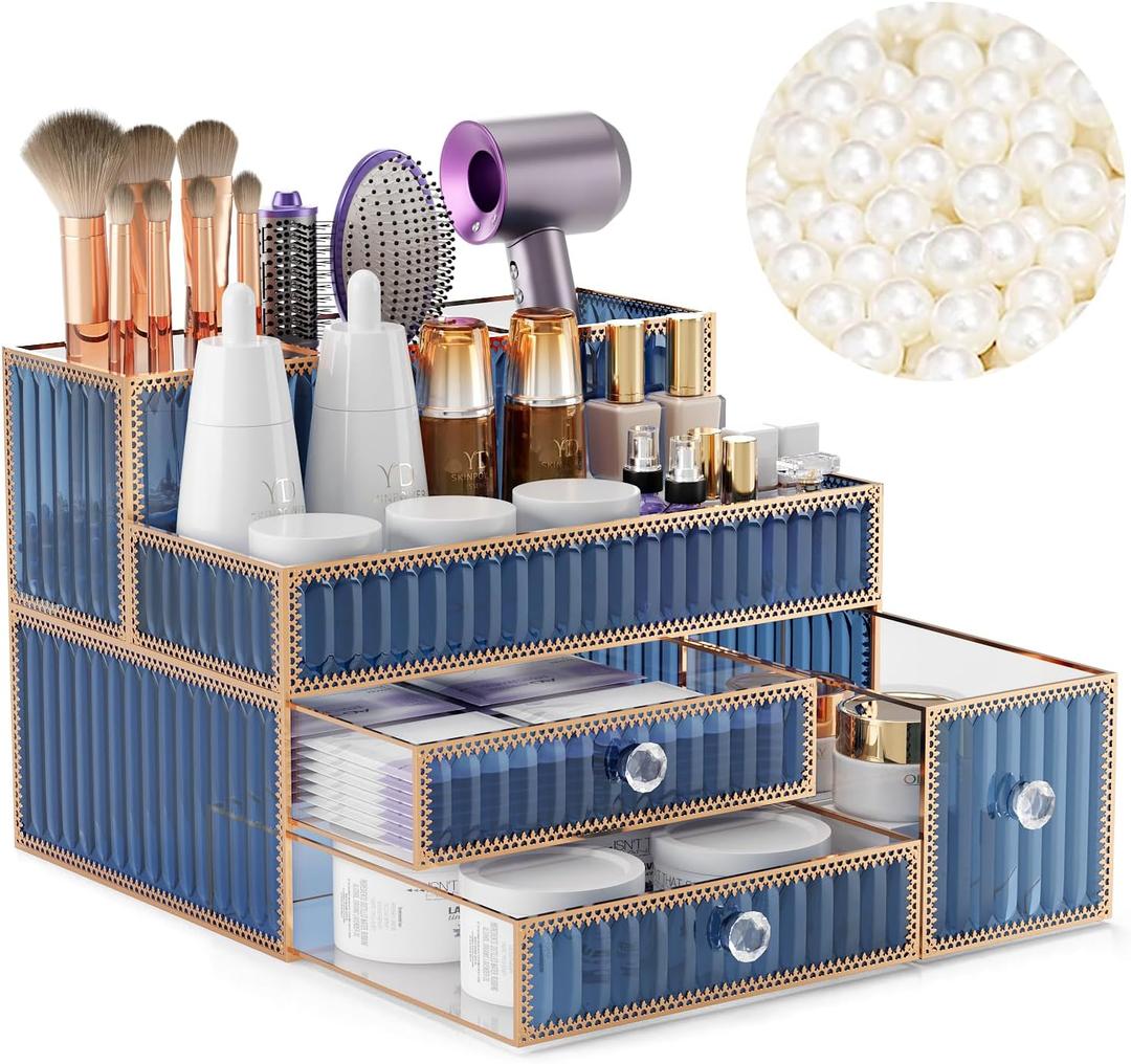 Makeup Organizer Blue - Tempered Glass Vanity Organizer for Cosmetics, Skincare, Hair Tools, Brushes, Perfume - Multipurpose Bathroom Counter Skincare Organizer