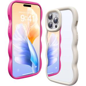 2 Pack Mirror Case for iPhone 14 Pro Max, with Curly Wave Frame Phone Cover Shockproof Protective Cover for iPhone 14 Pro Max Women Girl Makeup, Hot Pink