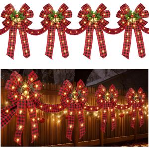 13 FT Christmas Bows Fence Decoration, 140LED Lighted Large Christmas Bows Decoration with 8 Mode and Timing Ornament for Party Front Door Fireplace(Red Black,Plaid Ribbon)