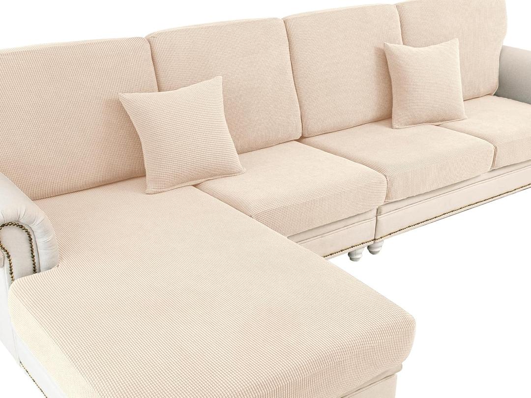 Couch Cushion Covers for Sectional Sofa L Shape Washable Separate Seat Chaise Couch Cover Stretch Sofa Slipcovers with 2 Pcs Pillowcases(3 Seater + 1 Chaise, Natural)