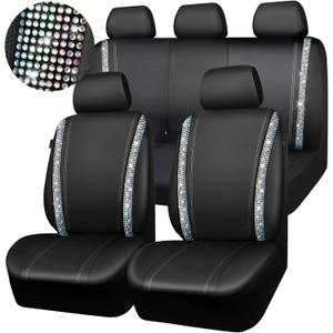CAR PASS Bling Car Seat Cover Full Set, Shining Rhinestone Diamond Waterproof Leather, Rear with Zipper, Universal Fit 95% Automotive Glitter Sparkle Crystal for Cute Women Girl, Colorful Diamond
