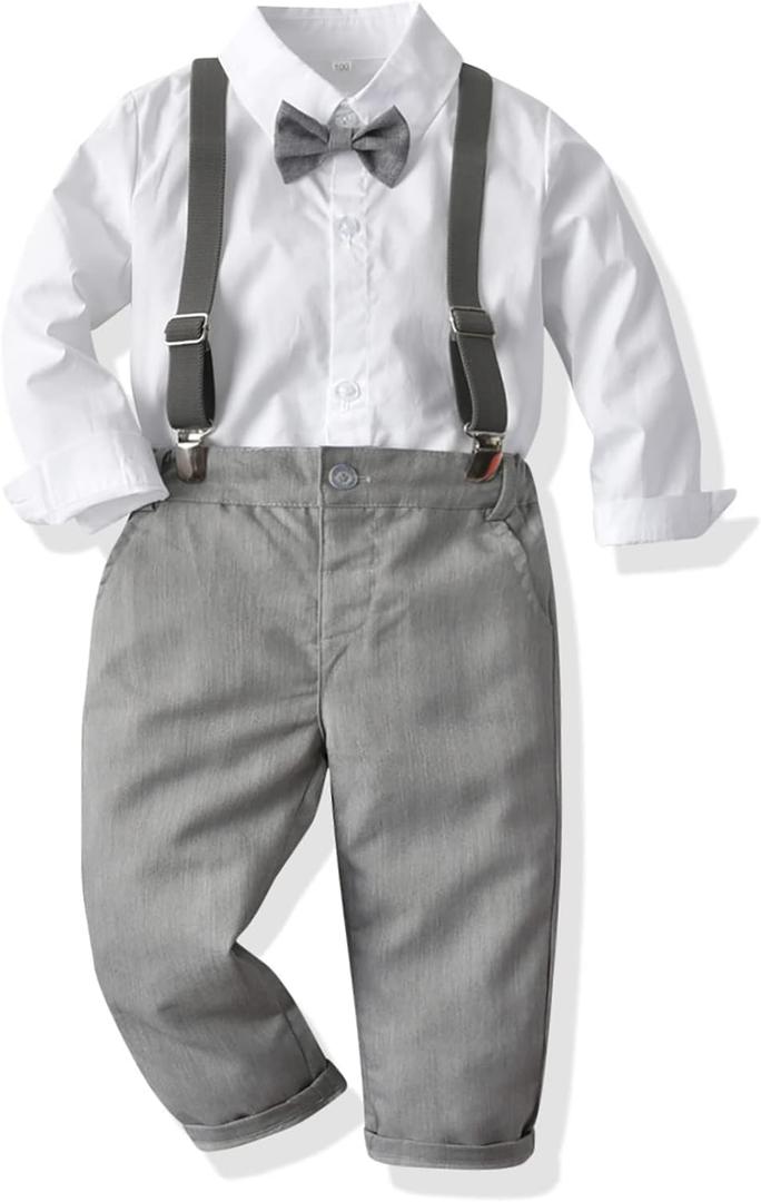 SALNIER Toddler Boy Suit Baby Boys Wedding Dress Outfit Formal Gentleman Clothes Set Dress Shirt Bowtie Suspenders Pants (3T, Gray01)