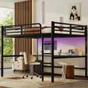 Bellemave Queen Loft Bed with Desk, Metal Queen Size Loft Bed Frame with Built-in Ladder, LED Loft Beds with Charging Station & Safety Guardrails for Kids,Teens, Adults, Black