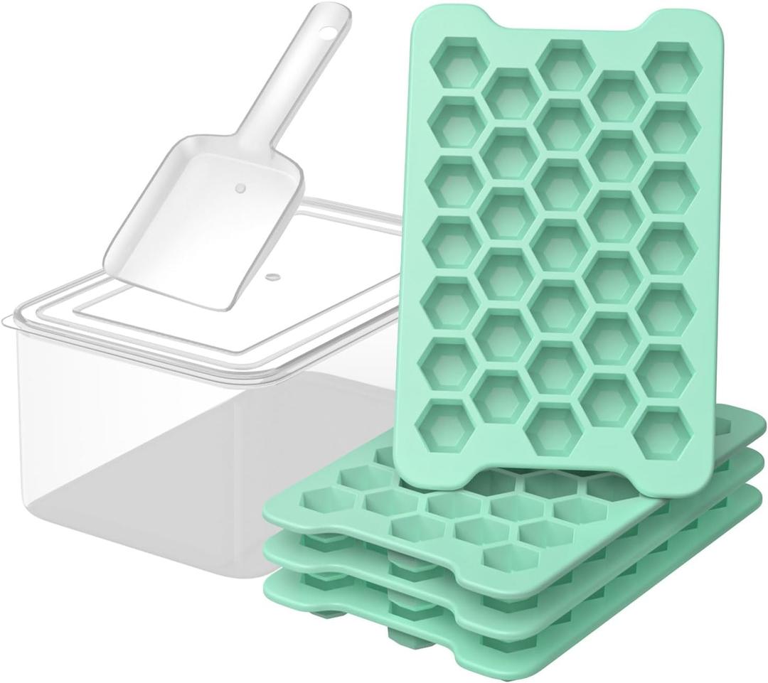Mini Ice Cube Tray for Freezer: Small Plastic Ice Cubes Trays for Freezer with Box - Easy Release Stackable Mini Ice Cube Maker - Nugget Ice Trays for Freezer with Ice Container (Green)