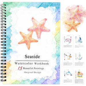 2 x SLWBZ Watercolor Workbooks Coloring Book, Beginner Friendly Painting Kit, Detailed Steps, Creative Exploration Watercolor Book with Paint Set for Adults Teens (Seaside, Without Paint)
