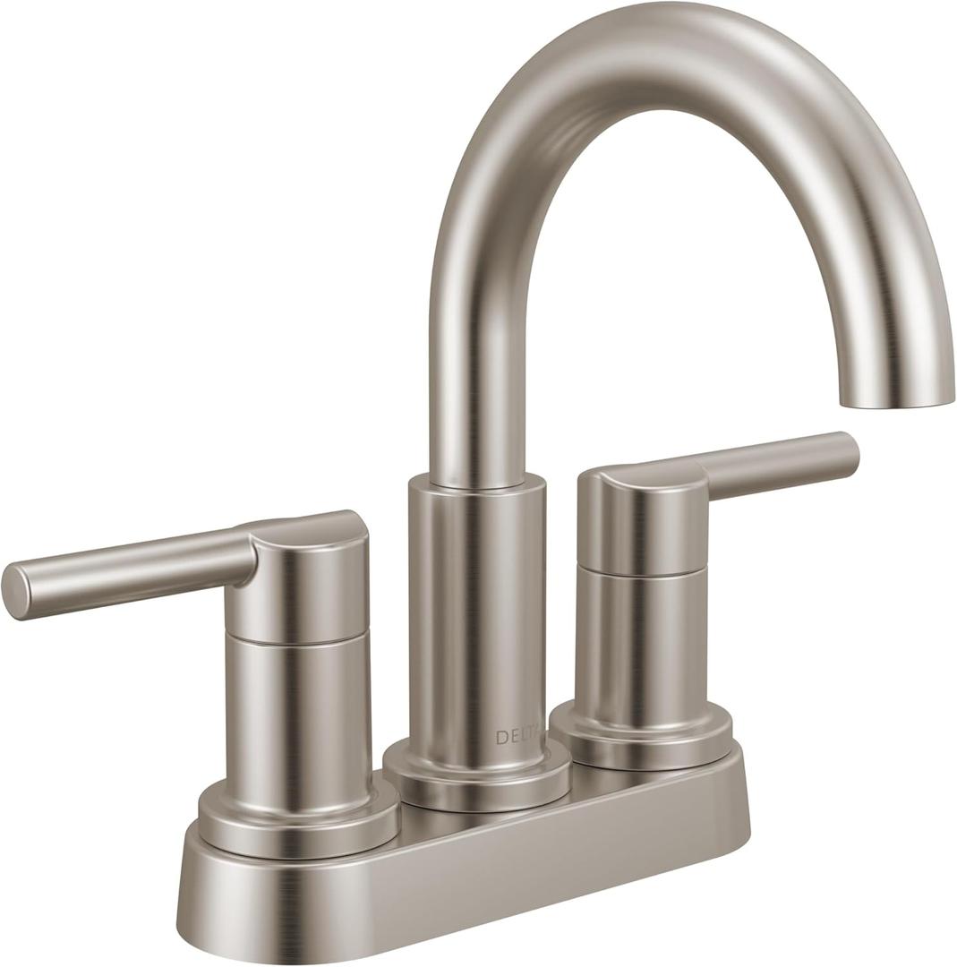Delta Nicoli Centerset Brushed Nickel Bathroom Faucet with Sprayer, 4 Inch 3 Hole Bathroom Sink Faucet with Pull Out Sprayer, Push-Pop Drain, Stainless 25749LF-SS