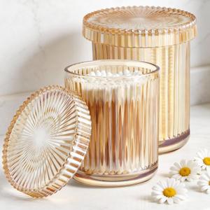 2 Pack Glass Qtip Holder Dispenser Set - Bathroom Organizer for Cotton Swabs, Balls, Pads, Floss Picks - Clear Apothecary Jars for Vanity, Makeup Storage, Bathroom Accessories Decor (Amber)