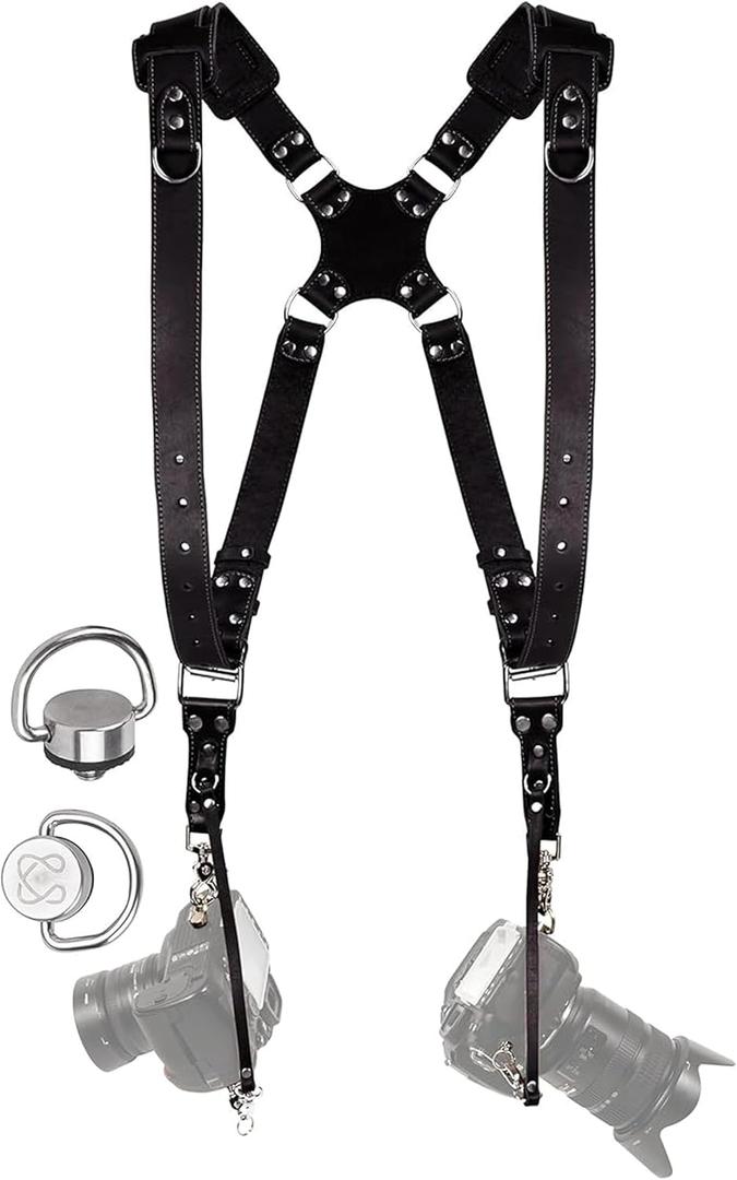 Camera Harness for 2 Cameras  Dual Shoulder Leather Camera Strap  Double Camera Harness for DSLR/SLR, Camera Straps for Photographers of All Levels, Padded Straps/Color Black