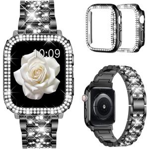 Mosonio Compatible with Apple Watch Band 38mm 40mm 41mm 42mm 44mm 45mm 46mm 49mm with 2 Pack Case Women, Jewelry Replacement Metal Bands Strap with Bling PC Protective Case for iWatch Ultra SE Series 11/10/9/8/7/6/5/4/3/2/1 (Black)