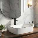 Ceramic Bathroom Sink, White 19" x 15" Above Counter Porcelain Vessel Sink with Black Faucet and Pop up drain Set, Rectangle