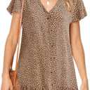 Imysty Womens Polka Dot V Neck Button Down Ruffles Loose Mini Short T-Shirt Dress (Brown, XL)