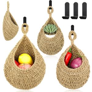 3 Packs Hanging Wall Basket Boho Wall Hanging Fruit Baskets for Kitchen, Woven Produce Holder Teardrop Onion Basket Vegetable Hanging Basket for Potato
