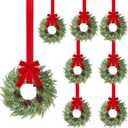 8 Pcs Small Christmas Norfolk Wreaths 15 Inch Christmas Kitchen Cabinet Mini Wreath with Bow Ribbon Cedar Berry for Xmas Front Door Window Chair Fireplace Table Pillar Farmhouse