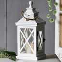 Solid Wood White Lanterns Decorative 16", Farmhouse Hanging Hurricane Lantern Outdoor Wedding Pillar Candle Holder with Windproof and Waterproof Glass for Fireplace Mantle Decor