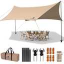 Camping Tarp with Poles & Retainer, 15x12.5FT Large Waterproof 210D Oxford Cloth Camping Canopy, Anti-UV UPF100+ Tent Tarp for Outdoor, Picnic, Car, Hammock, Backpacking (Khaki)