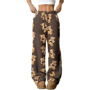 Verdusa Women's Fuzzy Plush Warm Pajama Pants Fleece Lounge Sleepwear Teddy Pj Bottoms Cozy Loungewear (Large, Brown)