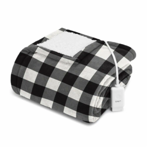 Sunbeam Throw White & Black Buffalo Plaid Microplush Sherpa (Faux Shearling), 4 Heat Settings, 4-Hour Auto Shut-Off, Electric Heated Blanket, 60” x 70”