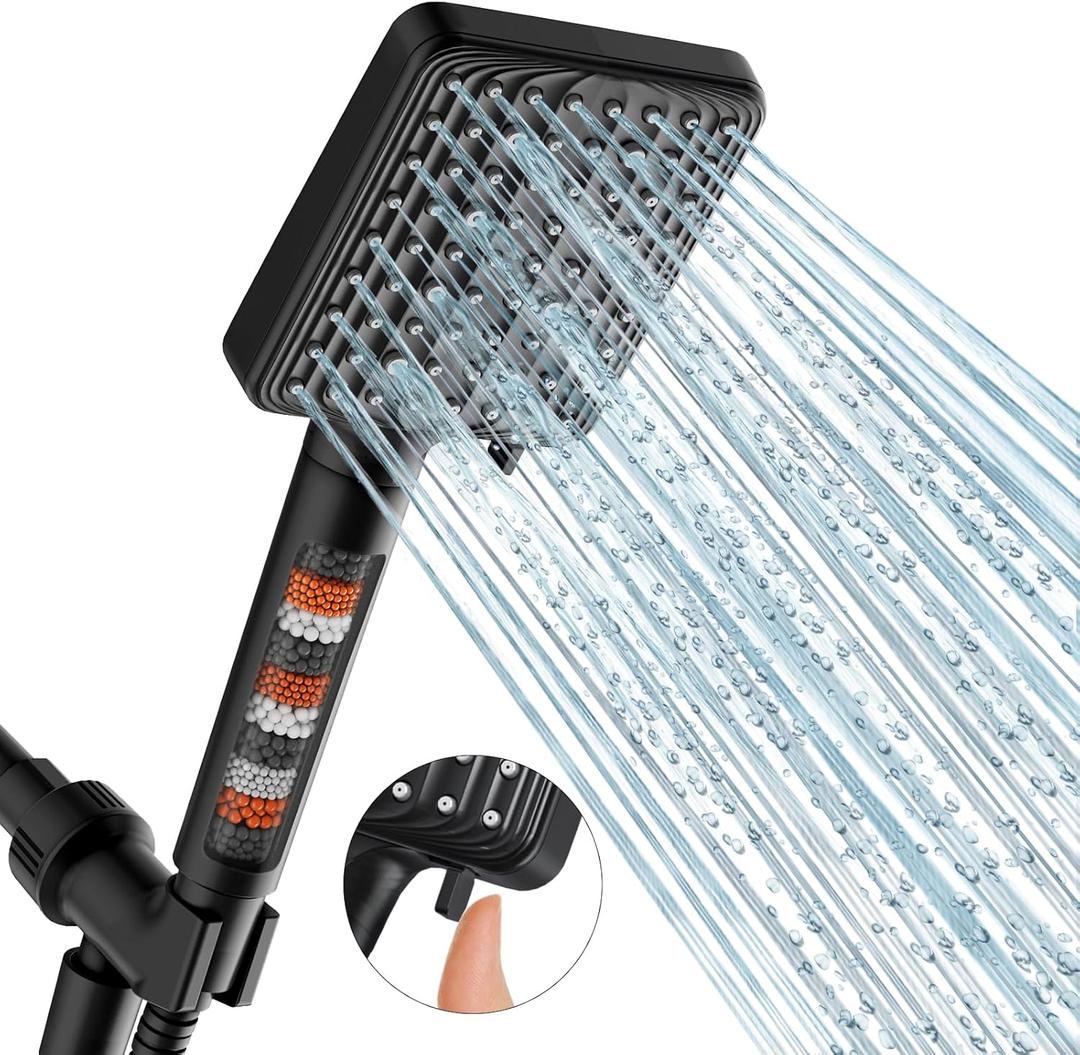 MakeFit Filtered Shower Head Black - 6 Modes High Pressure Handheld Shower Head with Filter Mineral Beads, Detachable Handheld Showerhead Set with Stainless Steel Hose and Shower Arm Bracket
