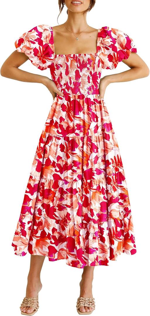 PRETTYGARDEN Women's Casual Summer Midi Dress Puffy Short Sleeve Square Neck Smocked Tiered Ruffle Dresses (S)