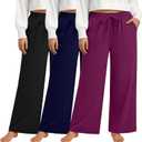 3 Pack Plus Size Pants for Women Wide Leg Casual Pant Drawstring Stretchy Waist Trousers with Pockets (X-Large, Fuchsia, Navy Blue, Black)