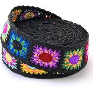 Cotton Webbing, 2 Inch Webbing Crochet Flower Webbing Strap for Bags, Arts and Crafts (Black)