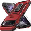 DEERLAMN Case for Google Pixel 9 Pro XL with Slide Camera Cover+Screen Protector(1 Pack), Rotated Ring Kickstand Military Grade Shockproof Protective Cover-Red