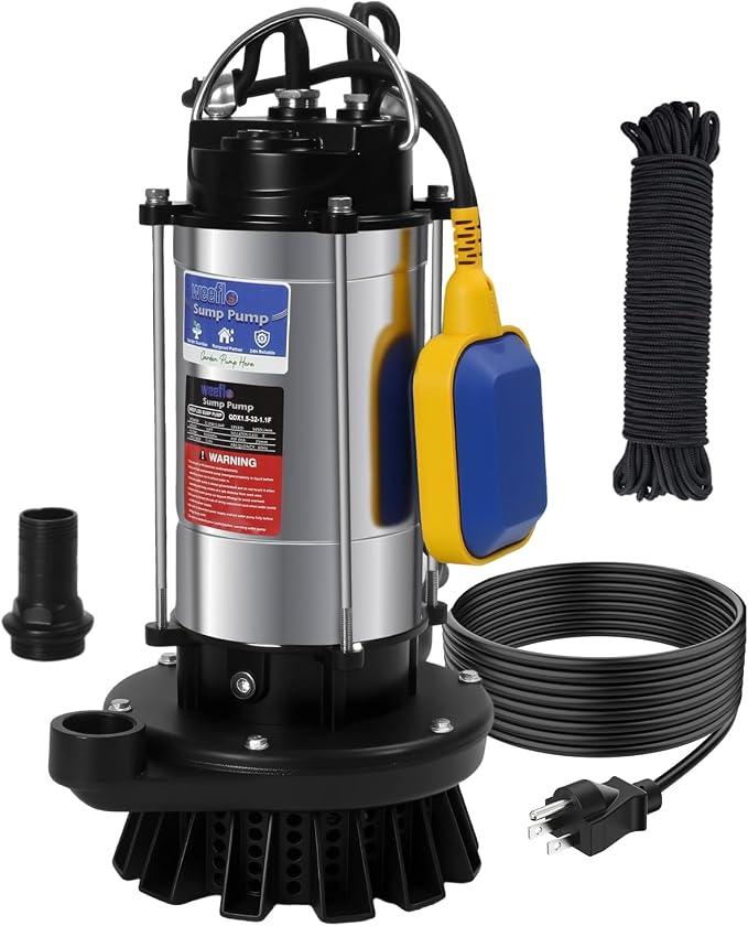 1.6HP Submersible Sump Pump Automatic Water Pump w/High Flow 5500 GPH 36ft Max Head, Irrigation, Swimming Pool, Garden Pond, Basement, Wells, 26ft Power Cord Stainless Steel(1.6HP/36FT)