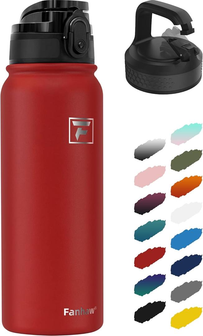Fanhaw 20 Oz Insulated Stainless Steel Vacuum Water Bottle with 2 Lids (Pop-Open & Carabiner Lid) - For Kids, Women, Men | Leak & Sweat Proof (Red)