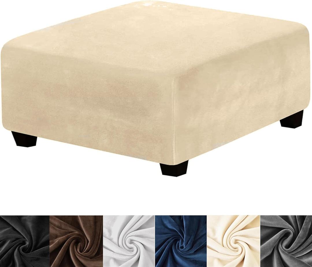 HFCNMY Ottoman Cover,Stretch Velvet Square Ottoman Cover Thick Ottoman Slipcover Square Washable Storage Foot Stool Cover with Elastic Bottom for Living Room Beige Large
