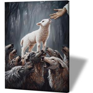 RJETZMU Jesus Saving Lamb Wall Art Christian Religious Gallery Wrap Poster Inspirational Bible Artwork Faith and Protection Picture Print for Home Church Living Room Prayer Room Decor 12x16 Inch (Save the Lamb)