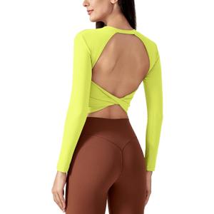 ABOCIW Open Back Long Sleeve Workout Tops for Women with Built in Bra Crew Neck Backless Athletic Yoga Cropped Top Gym T Shirts Lime Green Medium