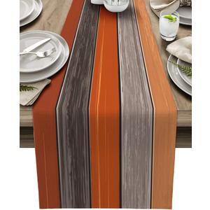 Farmhouse Cotton Linen Table Runner Dresser Scarf Retro Rustic Barn Wood Texture Ombre Burnt Orange Gray Non-Slip Rectangle Settings Decoration for Kitchen Home Dining Holiday,90 inches Long